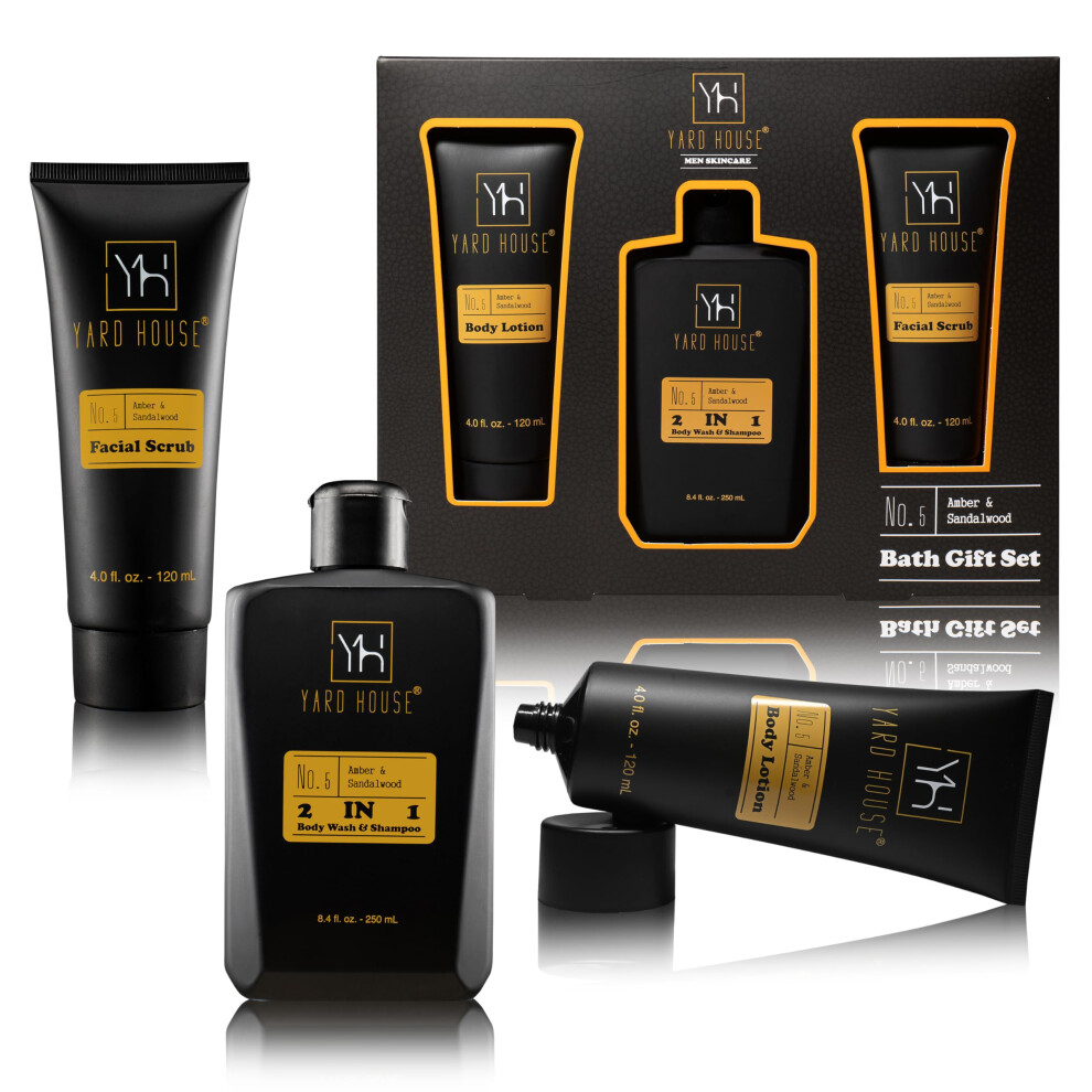 Coffret cadeau bain et corps haut de gamme pour hommes - Bois de santal et ambre - Gel douche, shampoing, lotion pour le corps, gommage visage, id  es