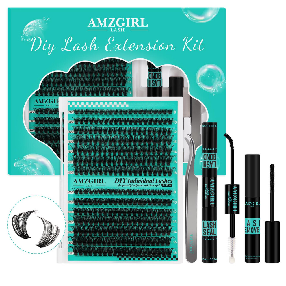 Amzgirl Lash Lash Clusters Kit 280Pcs,60D 80D Eyelash Extension Kit,Lash Bond And Seal Waterproof,Lash Remover For Individual Cluster Lashes Kit,Lash Applicator To