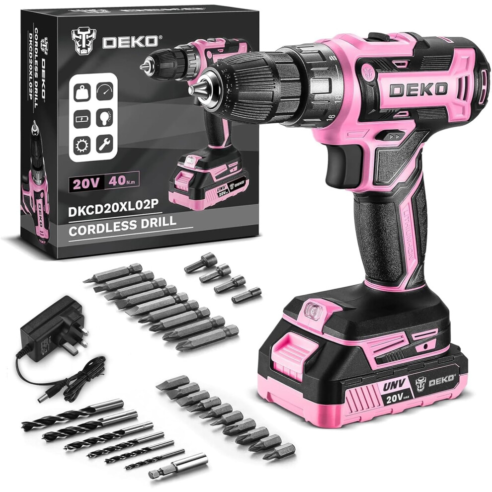 (Pink) Pink Cordless Drill 20V Electric Power Drill Set Tool for Women Drills Cordless with Battery and Charger Drill Driver 20 Volt Drill Driver Kit