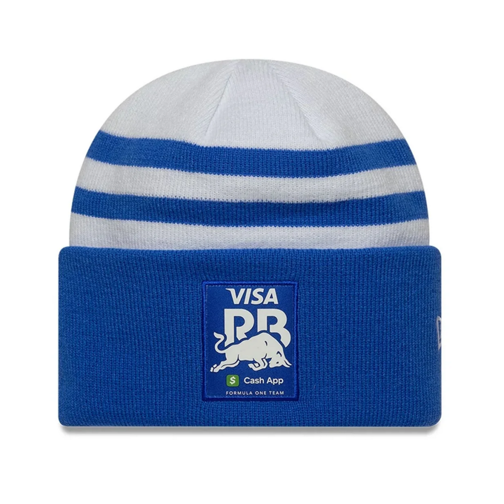 Red Bull 2025 Visa Cash App Racing Bulls Team Wide White Cuff Knit Beanie Hat Blue,White
