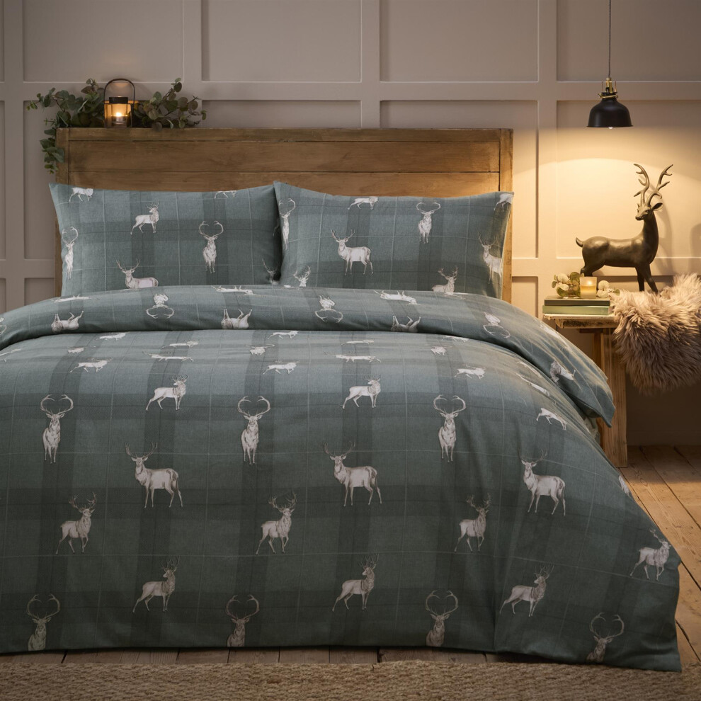 (King, Green) Winter Duvet Cover Set Bedding Checked Stag Design Brushed Cotton