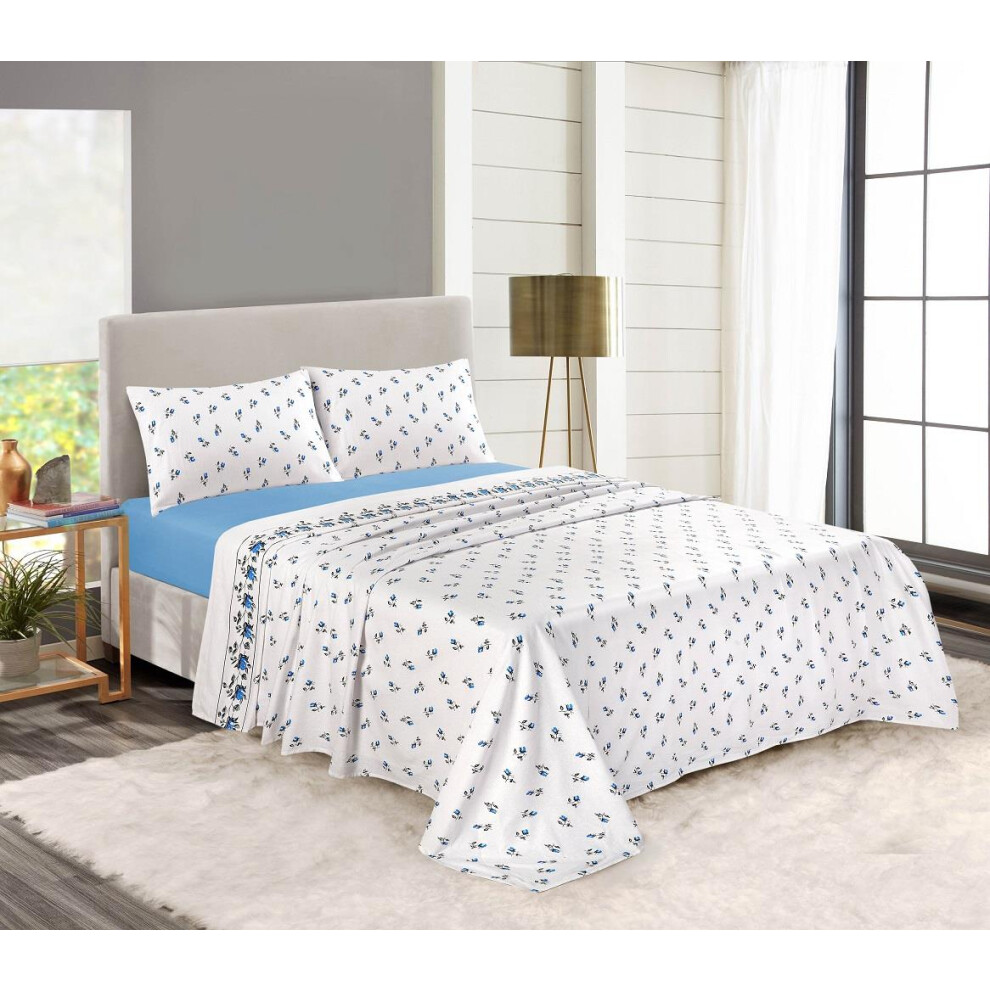 (King, Blue) 100% Brushed Cotton Rosebud Flannelette Sheet Set -Fitted + Flat Sheet + Pillowcase(s)-image-OPC-PG9MYVN-NEW