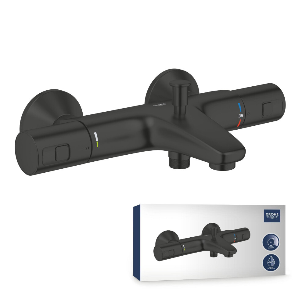 GROHE Precision Start ? Black Thermostatic Bath Mixer with Automatic Bath/Shower Diverter (Wall-Mounted, EcoButton Water-Saving Technology, Safety
