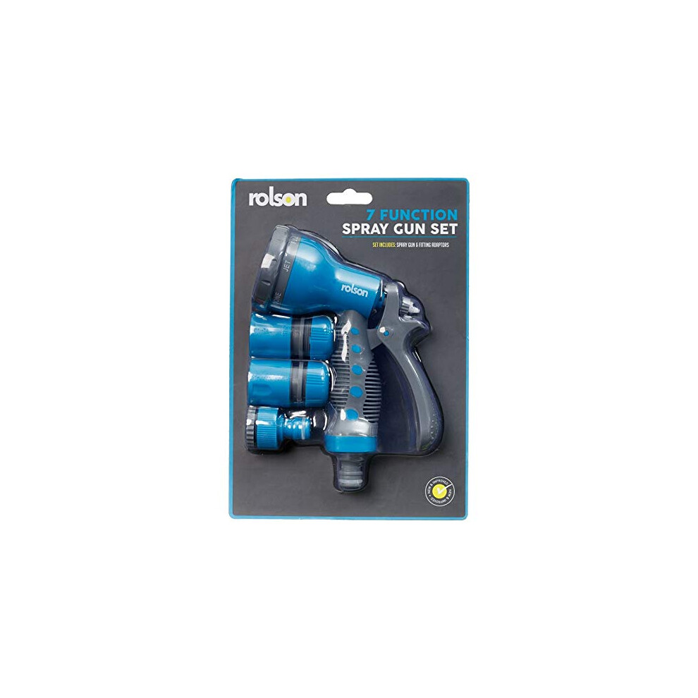 Rolson 7 Function Spray Gun And Garden Hose Fitting Set, Compatible Other Brands (Blue) Blue