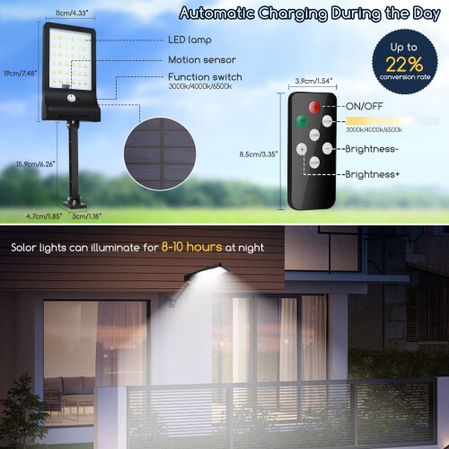Solar Lights Outdoor, Angle Adjustable Solar Security Lights Remote Control Solar Wall Light IP65 Waterproof Solar Powered Lights, Dimmable Motion 2