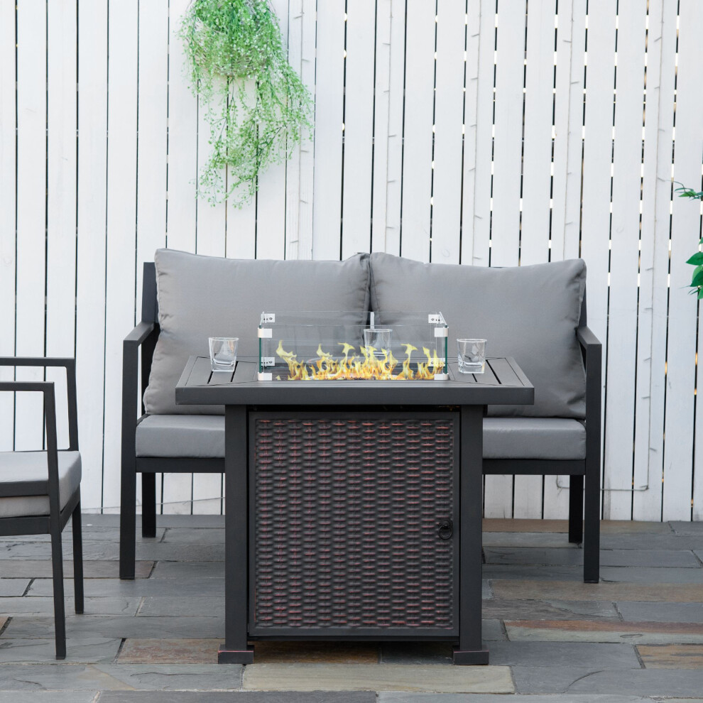 Outsunny Propane Gas Fire Pit Table - Black - 50,000 BTU - Rattan Design - Metal - Outdoor Patio Dining Table with Glass Beads & Wind Screen - Image 4