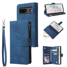 (Blue) Zipper Pocket Case for Google Pixel 7 Wrist Strap Cash Slots 9 Card Holder Pure Color Photo Pocket
