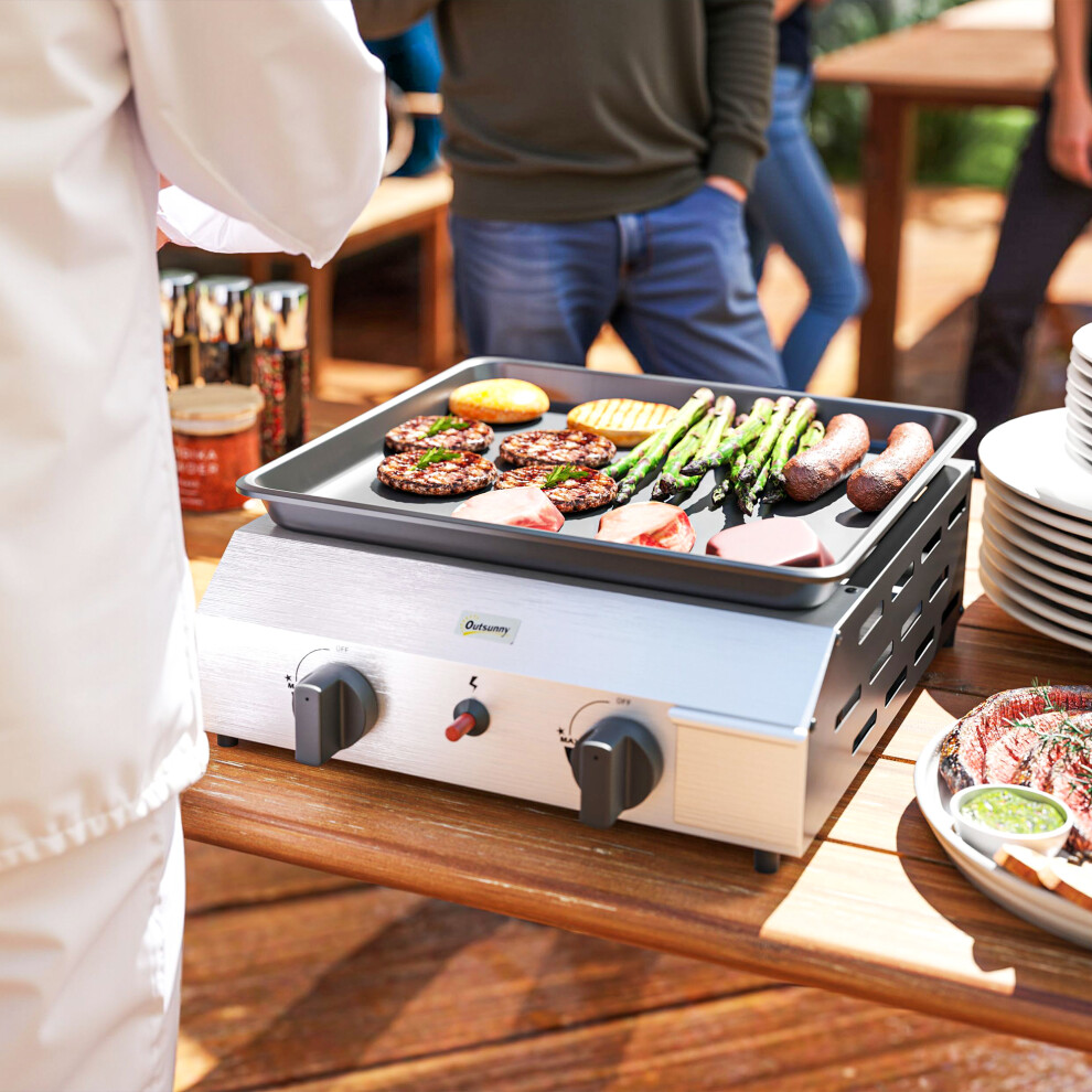Outsunny Gas Grill, Gas BBQ with Non-Stick Griddle for Camping, Silver Tone