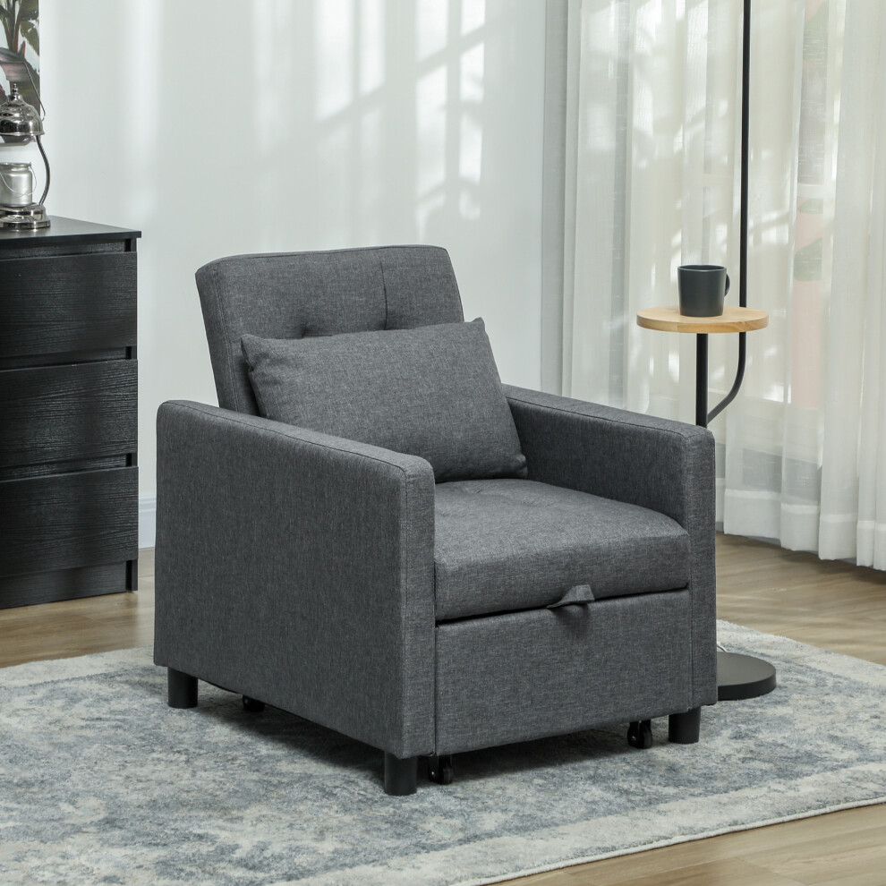 (Grey) HOMCOM Convertible Single Chair Bed with Upholstered Fabric