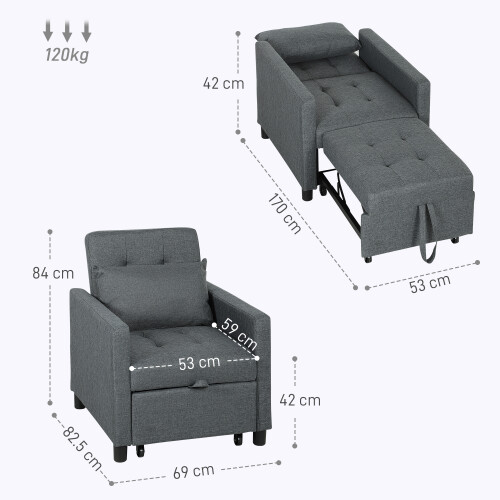 Homcom (Grey) HOMCOM Convertible Single Chair Bed with Upholstered Fabric 1