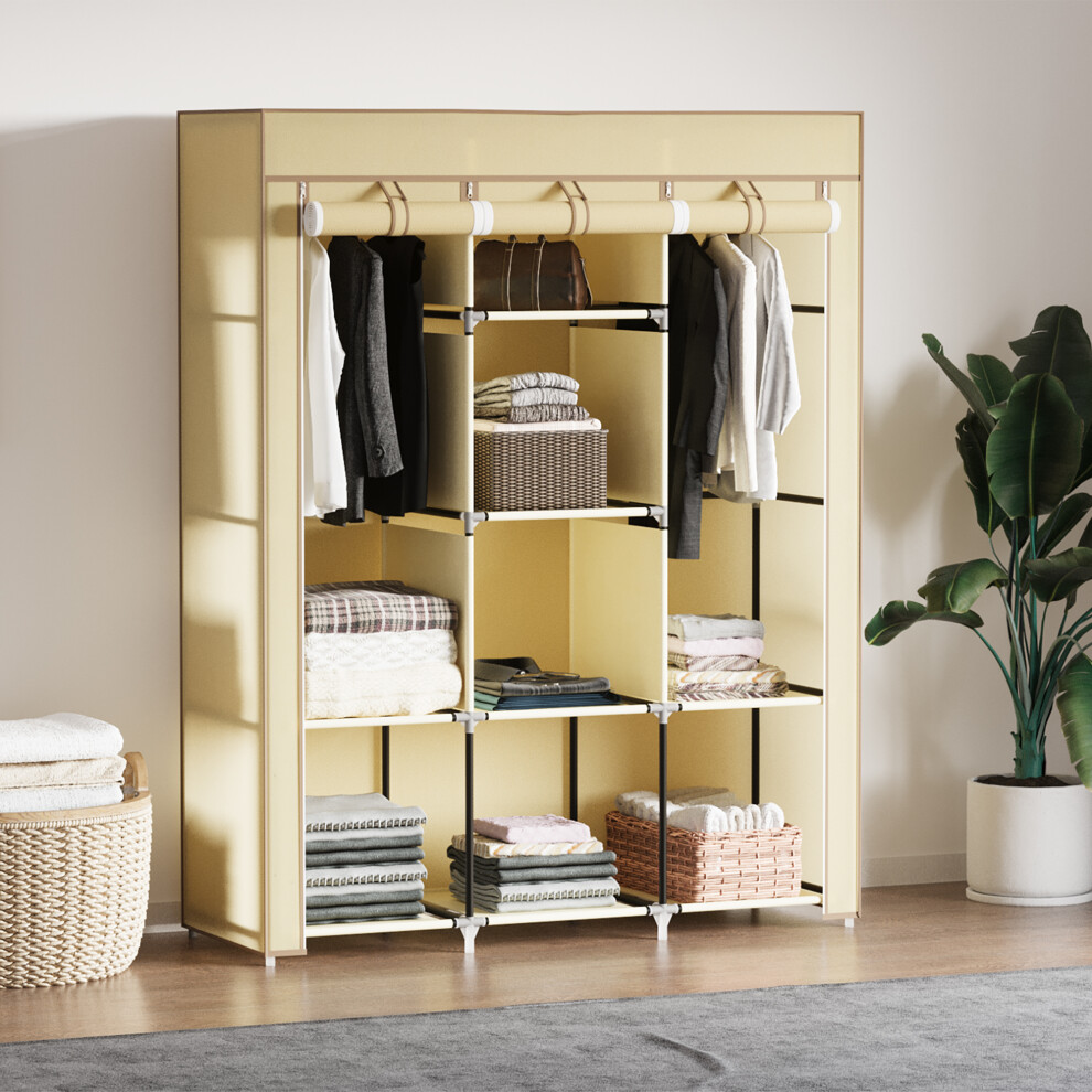 (Yellow) HOMCOM Fabric Portable Wardrobe with 8 Shelves 2 Hanging Rails