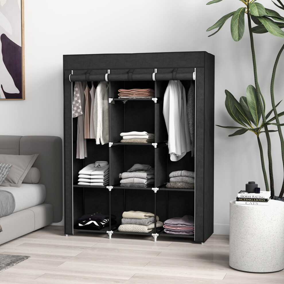 Homcom (Black) Fabric Portable Wardrobe With 8 Shelves 2 Hanging Rails Black