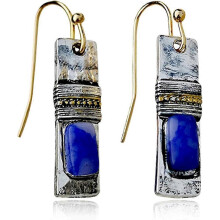 (87, One size) Heyone Unique Handmade Bohemian Enamel Vintage Matt Silver Bar Dangle Earrings Chic Round Blue Gemstone Geometric Square Drop Earrings for Women State