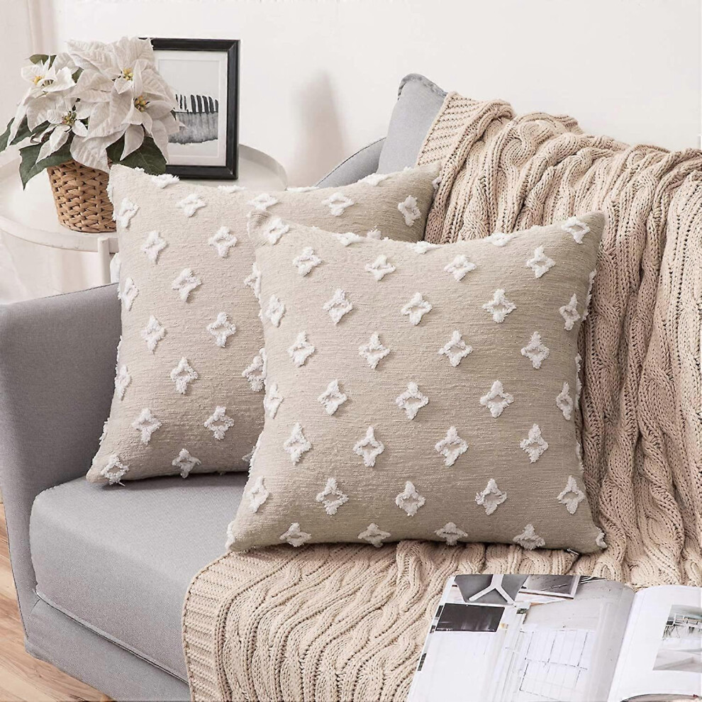 Konhill (As Show, One Size) Set Of 2 Decorative Throw Pillow Covers Rhombic Jacquard Pillowcase Soft Square Cushion Case 18X18 Inch, Beige