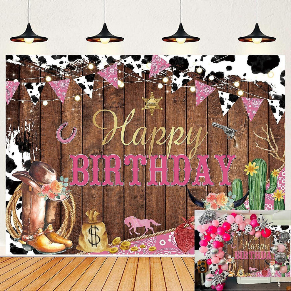 Konhill (As Show, One Size) Western Cowgirl Happy Birthday Backdrop Cow Print Pink Wild Decoration Banner Country Western Rodeo Boots Party Supplies Banner 7X