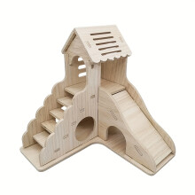 (Solid Wood Slide Loft) Wooden Hamster Mansion - Spacious Hideout Cage with Climbing Ladder, Slides, and Cozy Cabin