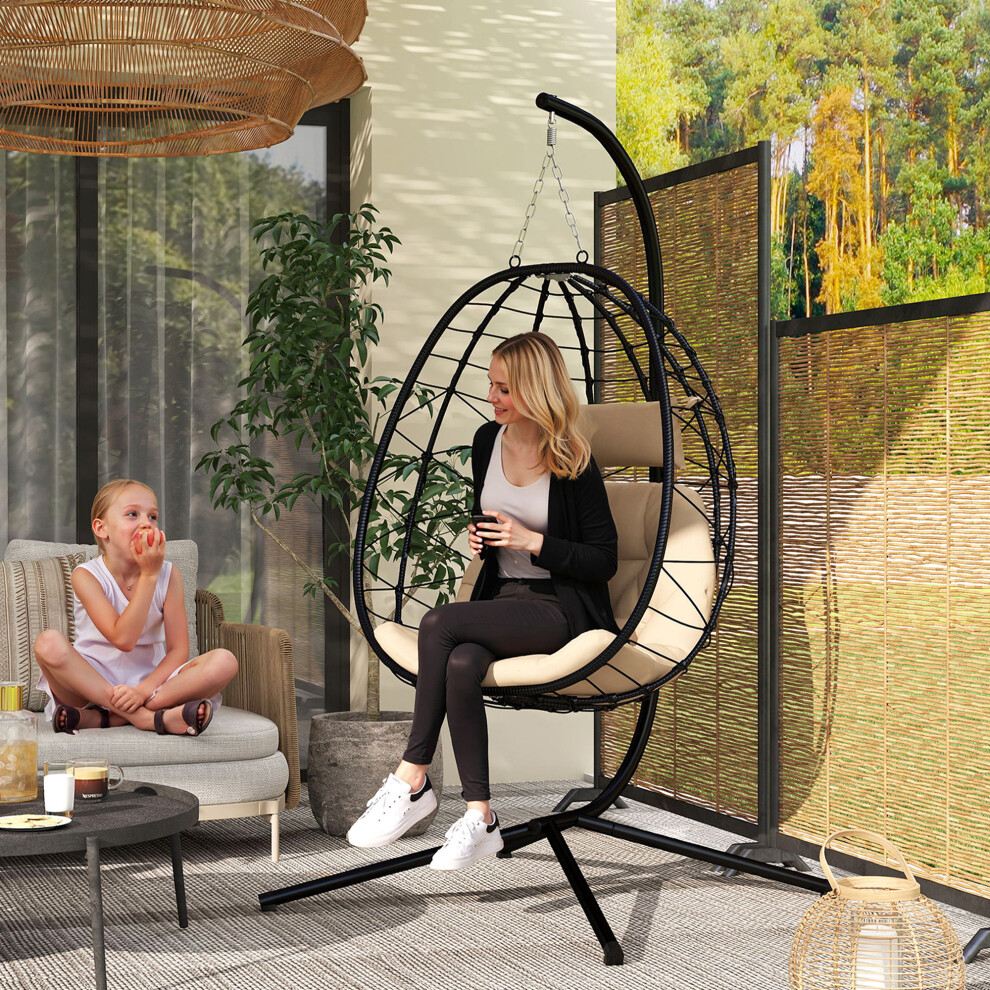 Outsunny Garden Egg Chair Outdoor Hanging Swing Chair, Folding Basket, Khaki