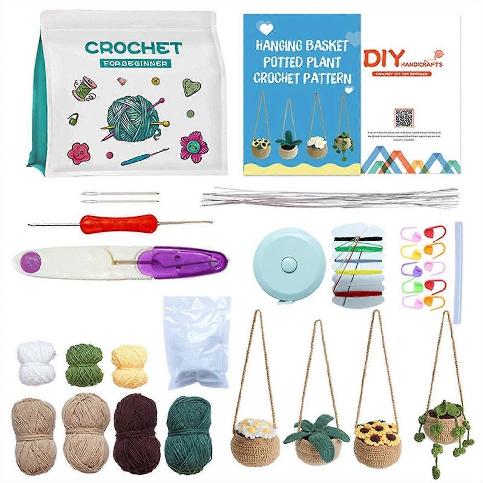 Beginner Crochet Kit, Hanging Potted Plant Crochet, Adult Learning Crochet Kit, Potted Plant Decorative Crochet Kit,4PCS