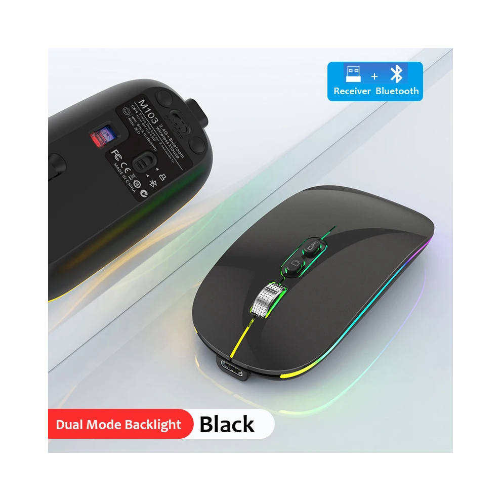 ( 2.4G) Dual Mode Bluetooth Wireless Mouse One-Click Desktop Function Type-C Rechargeable Silent Backlight Mice Black 9036185401579