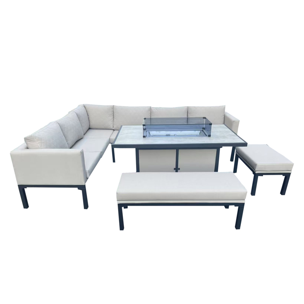 (Yes - Rain Cover) L Shaped 9 Seater Beige Garden Patio Set Fire Pit