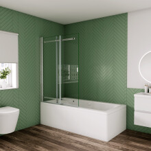 900x1400mm Chrome Sliding Bath Shower Screen with 6mm Safety Glass, 180 Swing, Universal Left/Right Fit, Rust-Resistant Chrome Frame