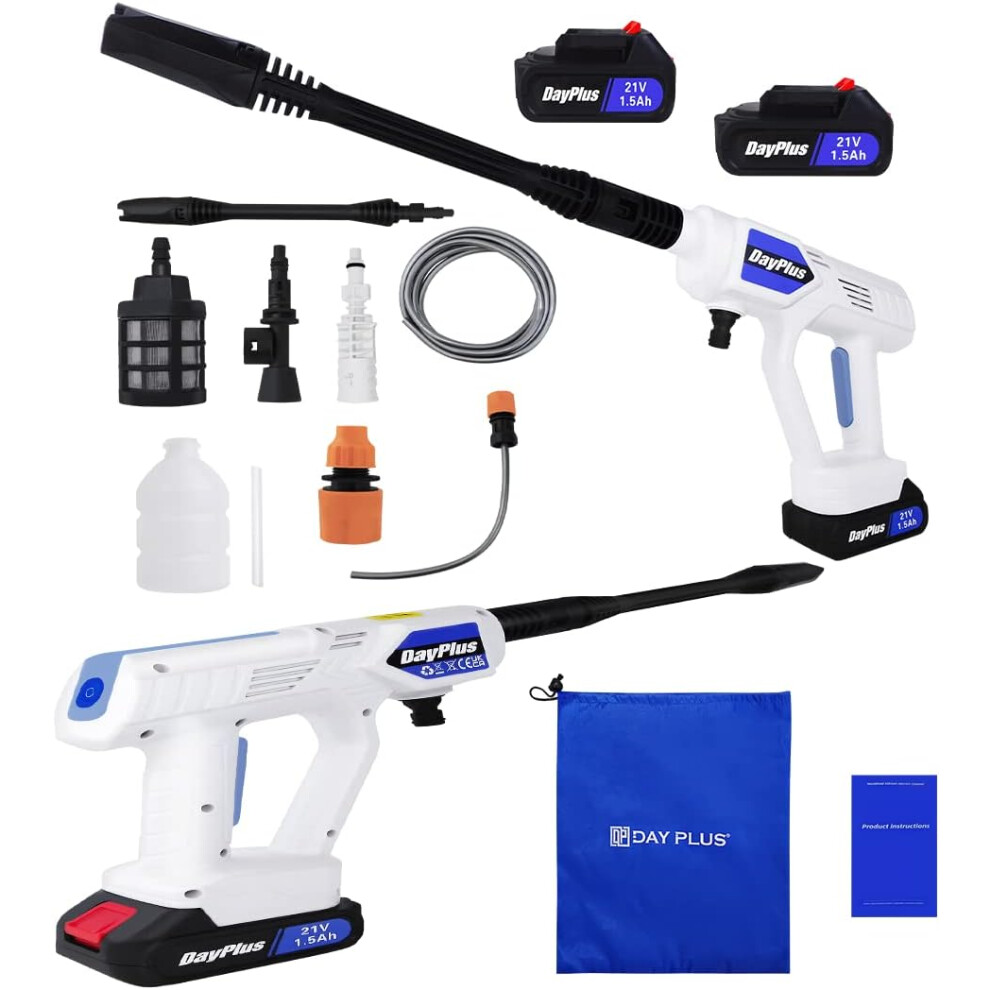2 Battery 1.5Ah & Charger,21V Lightweight 120W Electric Power Car High Pressure Washer Jet Water Wash Cleaner Gun with 5M Hose & Snow Foam Lance