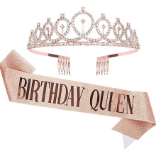 (rose gold) 2pcs "Birthday Queen" Ribbon Birthday crown tiara for Bachelorette Party Girls Birthday Party Decoration Party Supplies Gifts