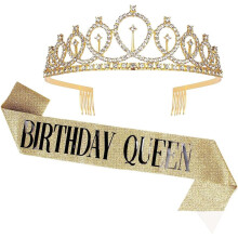 (Gold) 2pcs "Birthday Queen" Ribbon Birthday crown tiara for Bachelorette Party Girls Birthday Party Decoration Party Supplies Gifts