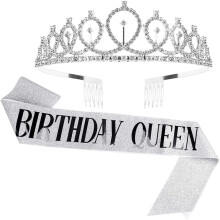 (Silver) 2pcs "Birthday Queen" Ribbon Birthday crown tiara for Bachelorette Party Girls Birthday Party Decoration Party Supplies Gifts