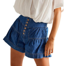 (Medium, Dark Blue) Women's Ruffle Hem Shorts High Waist Button Front Pleated Straight Leg Denim Shorts