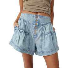 (Medium, Light Blue) Women's Ruffle Hem Shorts High Waist Button Front Pleated Straight Leg Denim Shorts