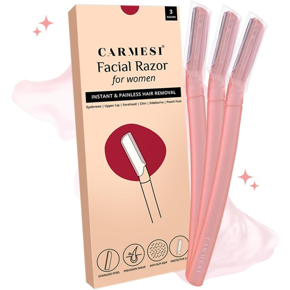 Carmesi Face Razor For Women Facial Hair Dermaplaning Tool 3 Razors | Instant & Painless Hair Removal For Eyebrows, Upper Lip, Forehead, Peach Fuzz