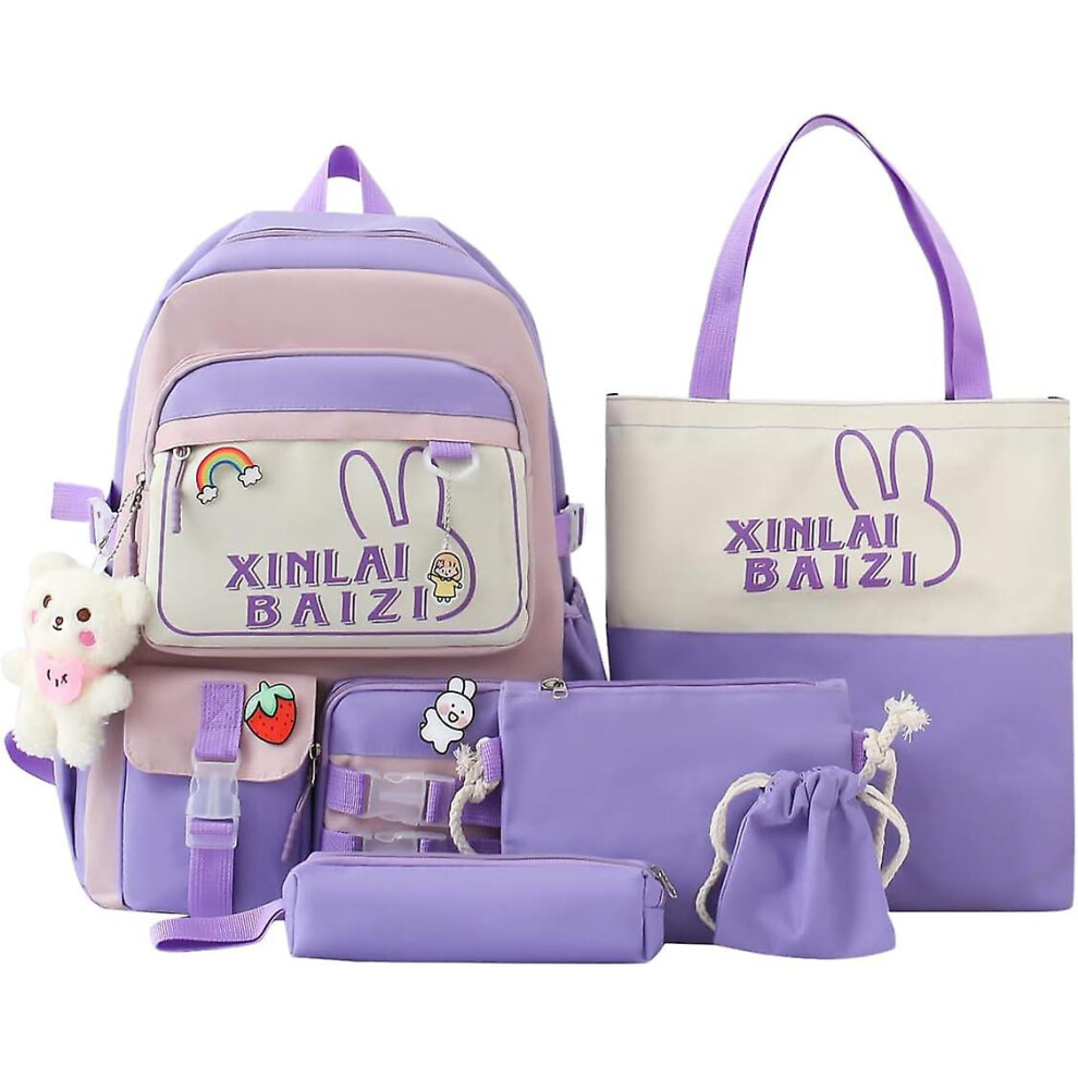 Konhill (As Show, One Size) 5Pcs Cute Backpack Combo Set Kawaii School Aesthetic Backpack Rabbit School Bag Set With Pendant Pins Accessories For Girls Teen B Purple
