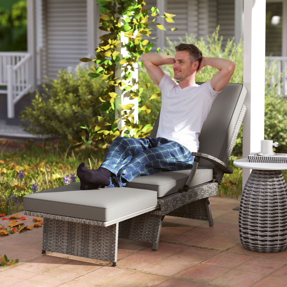 Outsunny (Grey) Foldable Rattan Garden Recliner Chair W/ Cushion, Footrest Grey