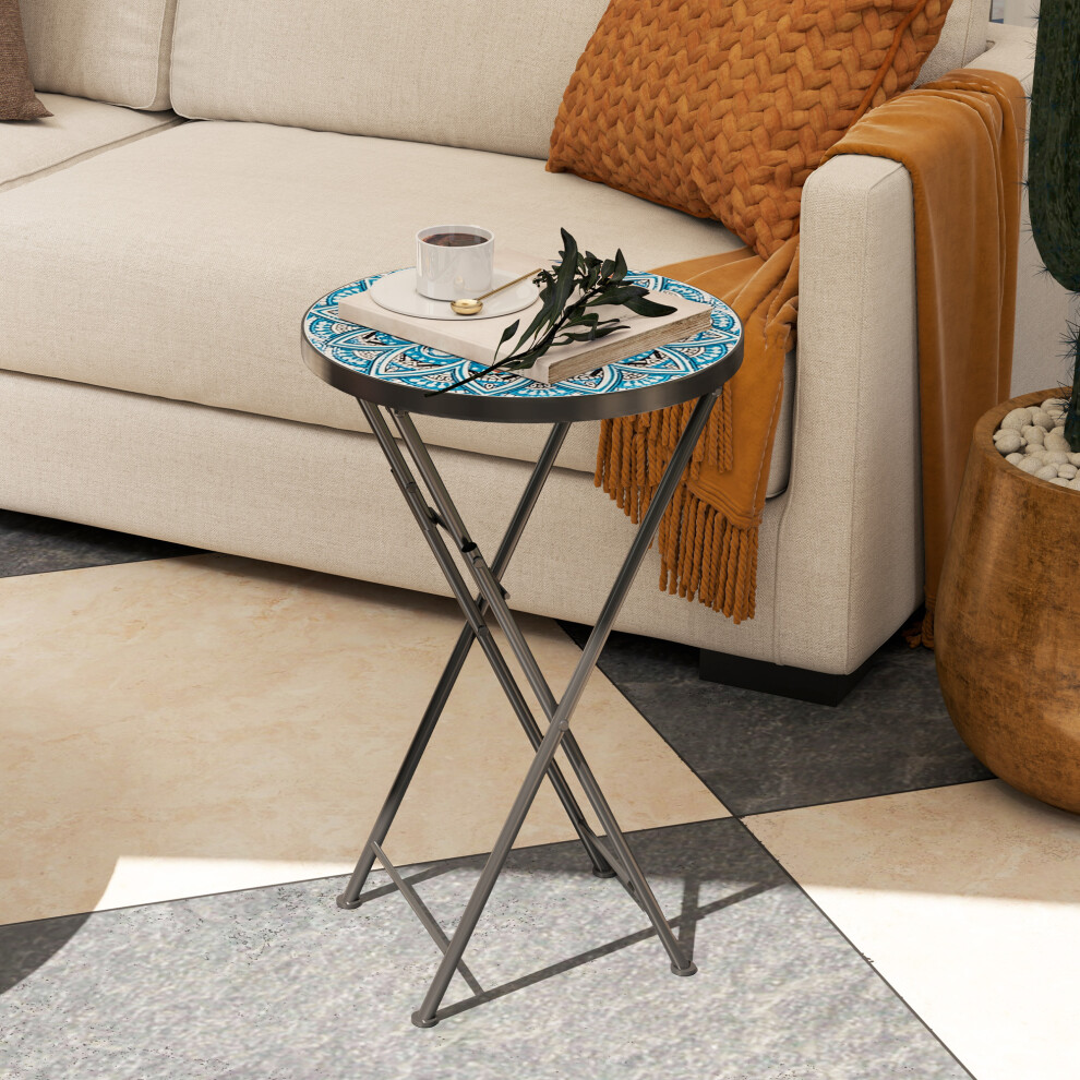 Outsunny (Blue) Mosaic Garden Table, 35.5Cm Folding Coffee Table Blue,Brown
