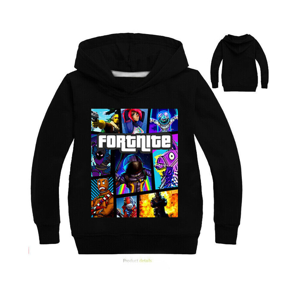 (Black, 130/2XL For Age 5-6) Fortnite Game Kids Hoodie Boys Girls Hoody Tops Jumper Sweatshirt Pullover