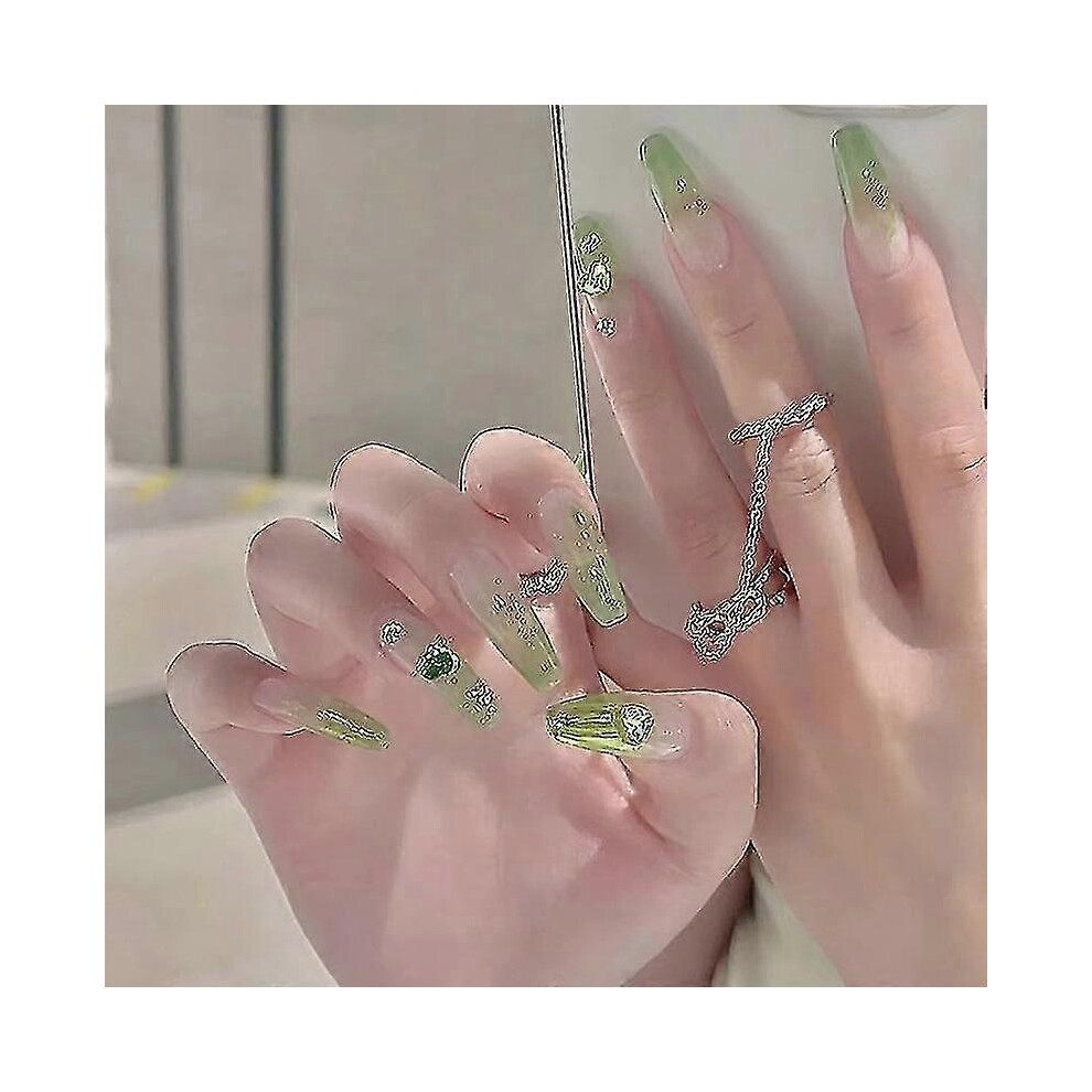 Green Wearable Nail Advanced Wearable Ice Translucent Love Rhinestone Manicure Wearable Manicure False Nails