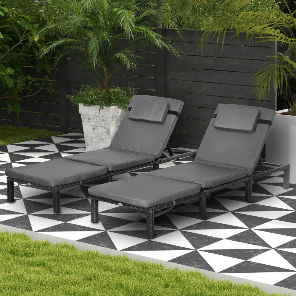 Outsunny 2 Pieces Rattan Sun Loungers w/ Padded Cushion for Poolside Dark Grey