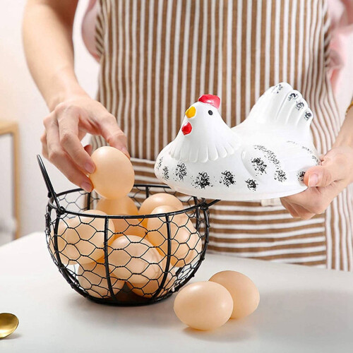 Egg Basket, Wrought Wire Restaurant Basket,Kitchen Hen Decor (White) 1