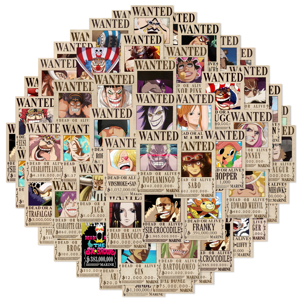 (50PCS) 10/50Pcs New Wanted Poster Anime Stickers One Piece Decal Laptop Skateboard Phone Suitcase Fridge Stickers Children Gift Toy