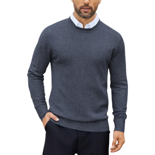 (Navy, L) Mens Jumpers Ribbed Casual Pullover Sweater
