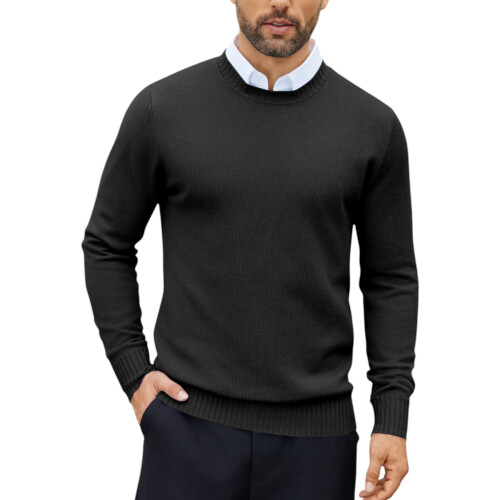 (Black, L) Mens Jumpers Ribbed Casual Pullover Sweater