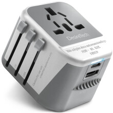 Desiretech Travel Adaptor 4-in-1 Universal Plug Adapter with USB-A, USB-C, Phone Docking , Double Fuse Protection, White and Grey