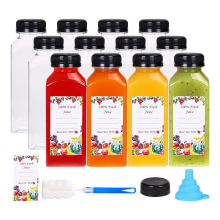 12 stuks 12oz plastic sapflessen met verzegelde doppen, herbruikbare doorzichtige containers, etiketten, trechter en borstel