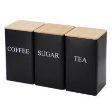3Pcs Três Peças Latas Seladas Estilo Simples Tampa De Bambu Ferro Chá Lata De Armazenamento De Lanche Café Grão Quadrado Lata, Preto