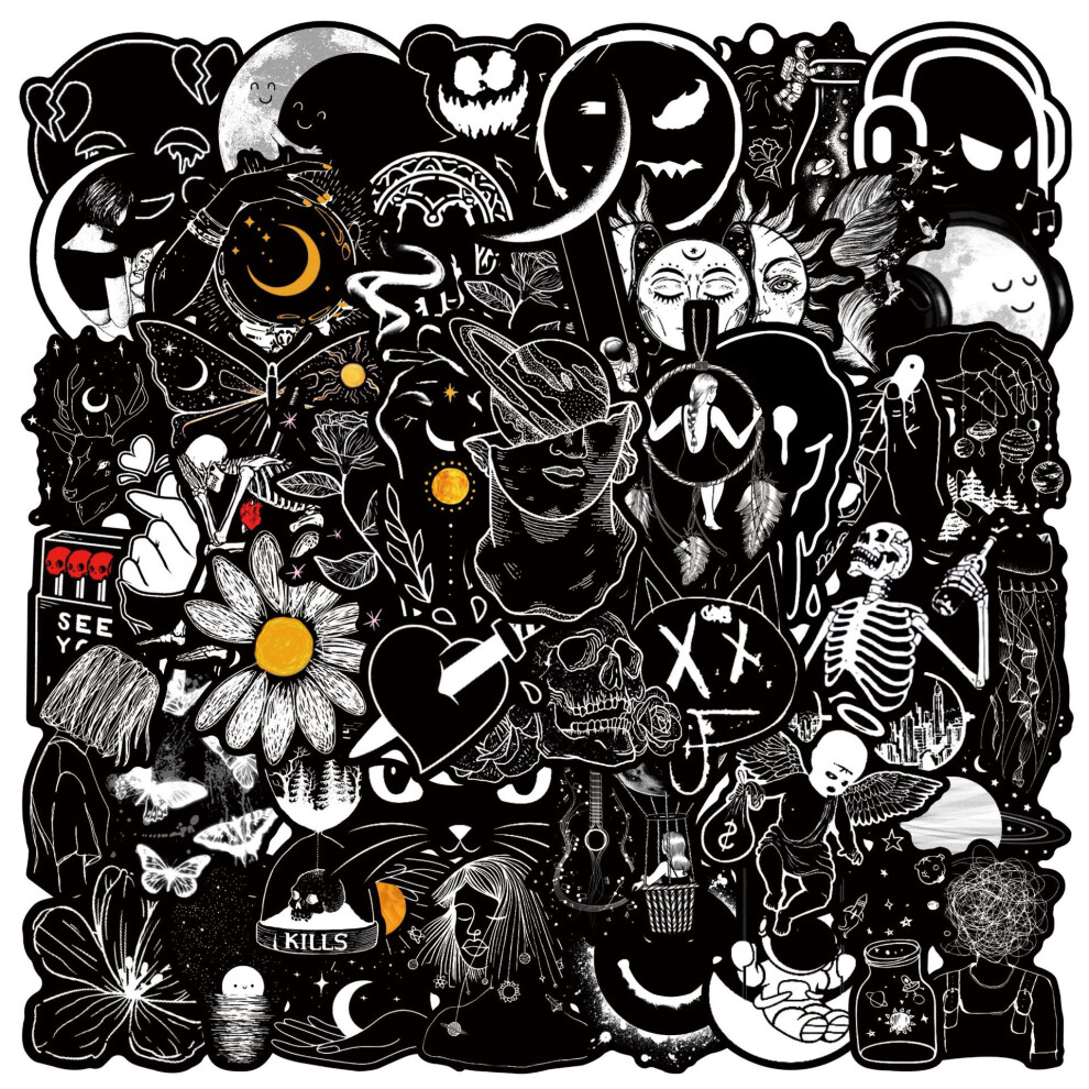 (MULTICOLOR) 50Pcs Black And White Art Styling Stickers Laptop Luggage Phone Case Guitar Fridge Car Motorcycle Cool Ins Decals