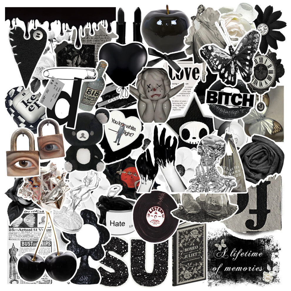 (MULTICOLOR) 50Pcs Black And White Downtown Girls Aesthetic Y2K Stickers DIY Stickers Scrapbooking Phone Luggage Skateboard Waterproof Decals