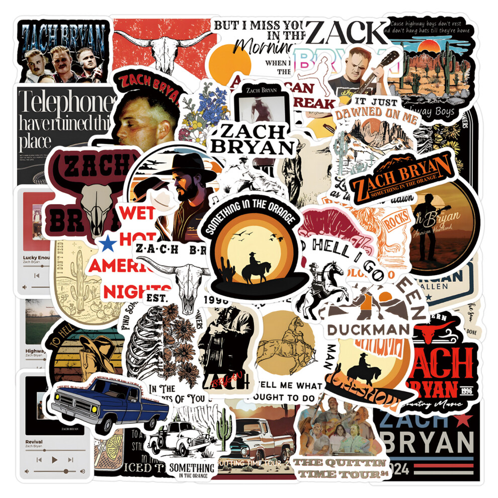 (MULTICOLOR) 55Pcs Zach Bryan Stickers DIY Stickers Scrapbooking Phone Luggage Skateboard Waterproof Graffiti Decals
