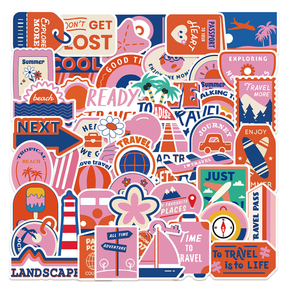 (MULTICOLOR) 50Pcs Vintage Cute Pink Travel Stickers DIY Stickers Scrapbooking Phone Luggage Skateboard Decorative Waterproof Decals