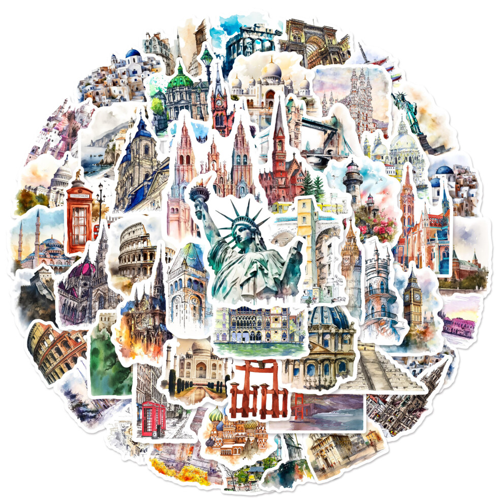 (MULTICOLOR) 50Pcs World Famous Building Aesthetic Travel Landmark Varied Sticker Pack for Kid Car Scrapbooking Decoration Graffiti Decals